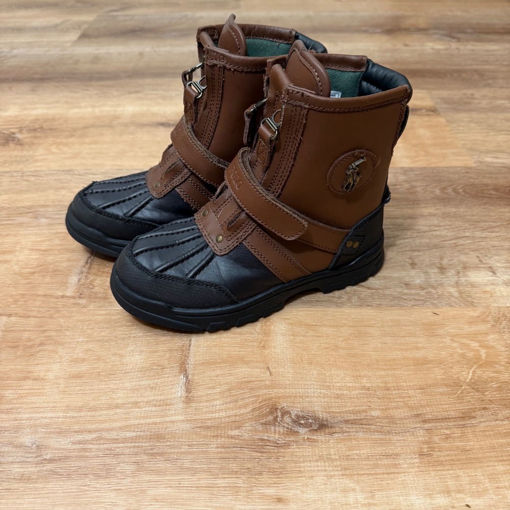 Polo Ralph Lauren Kids Conquered Hi Duck Boots Brown Black Leather USA 2 998825